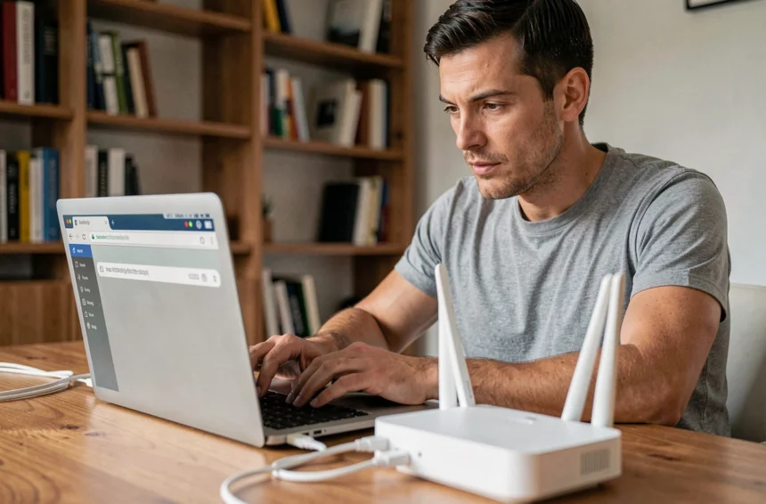 Homme connecté à son routeur via l'adresse IP 192.168.1.1 sur un ordinateur portable dans un bureau à domicile