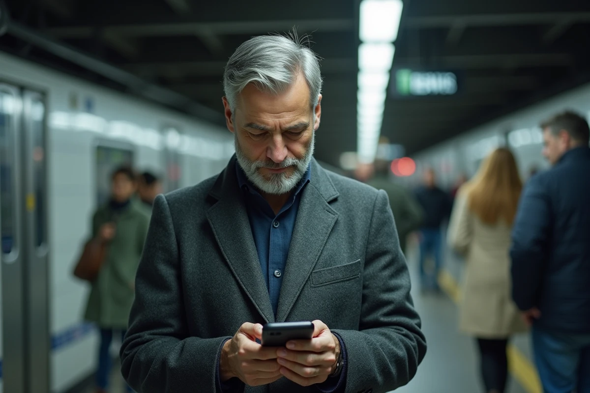 Homme consultant ses mails Orangee sur smartphone dans le métro lors d'un trajet quotidien