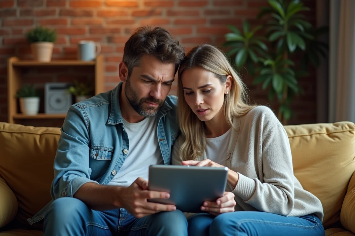 Couple discutant d'un problème d'éligibilité SFR sur une tablette dans leur appartement