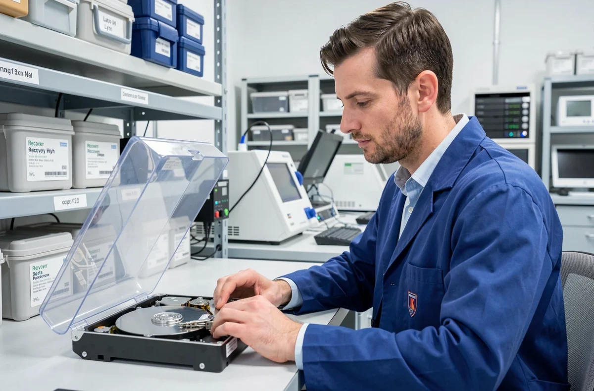 Spécialiste en récupération de données Dafotec travaillant sur un disque dur ouvert dans une salle propre à Lyon