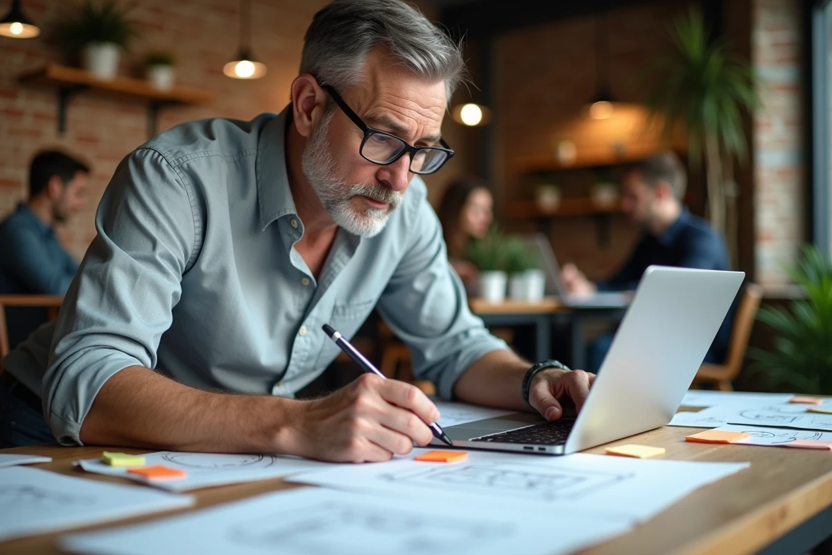 Designer UX examinant des maquettes de mise en page CSS et un rapport d'accessibilité web dans un espace de coworking