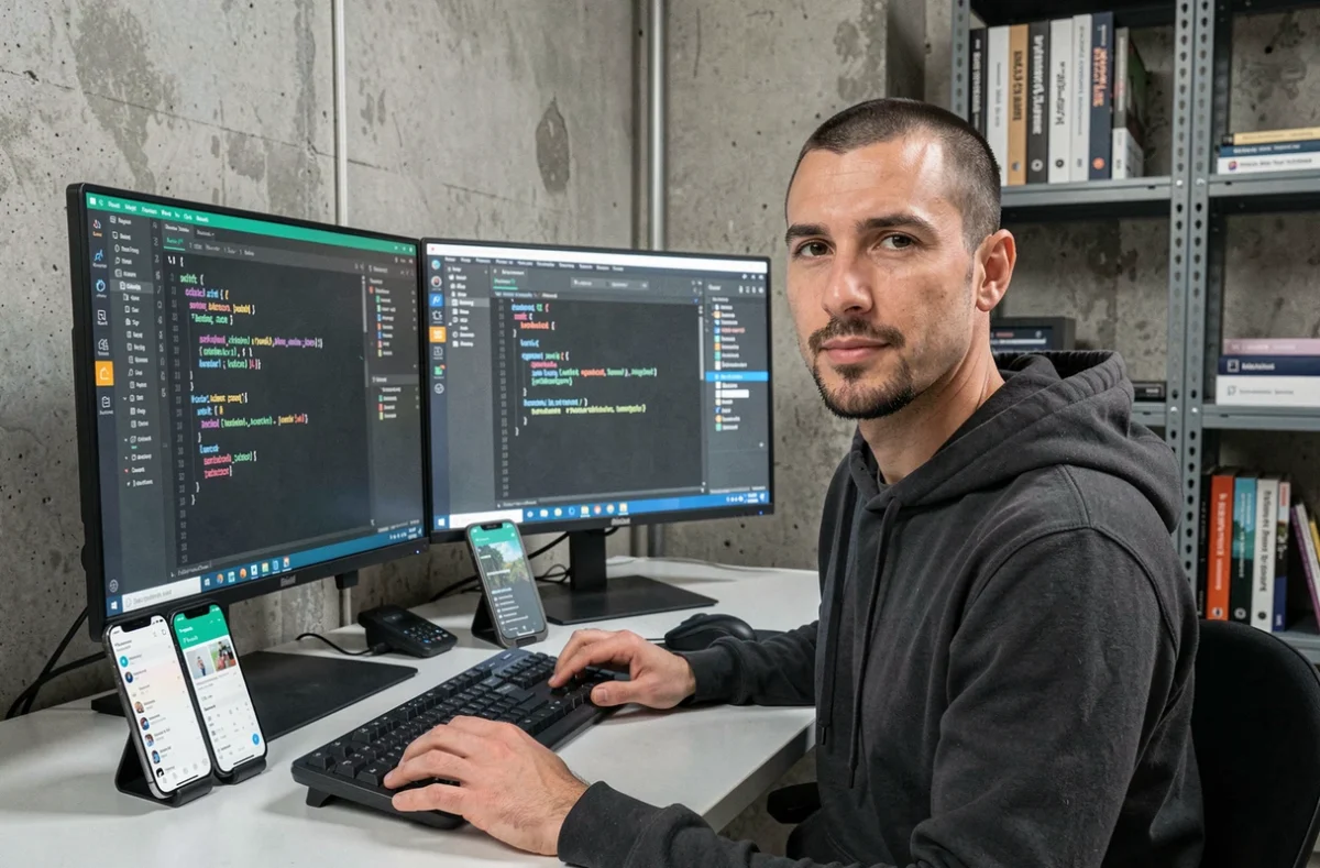 Développeur mobile iOS et Android dans un studio technique à Marseille avec smartphones et environnements de développement ouverts