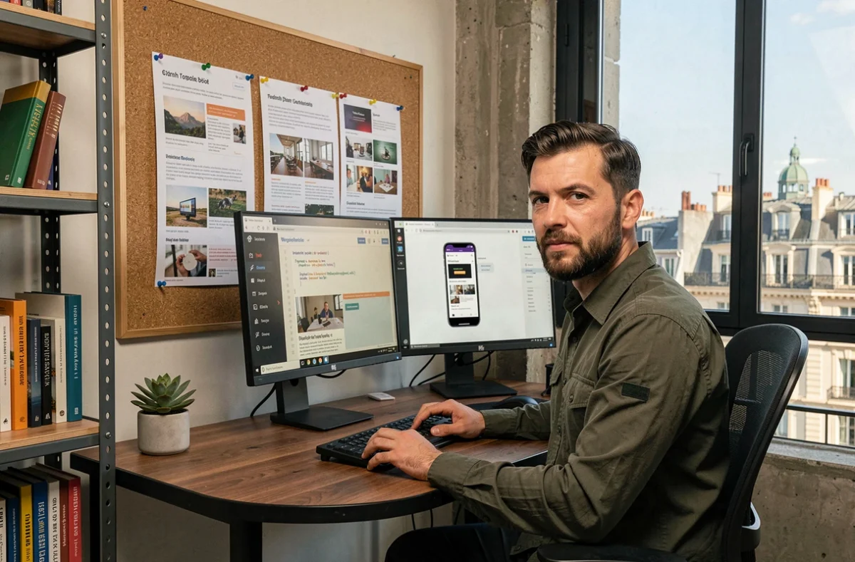 Développeur WordPress sur mesure dans son studio à Marseille avec maquettes de sites web et tableau de liège