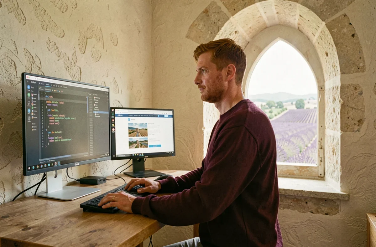 Développeur freelance dans son espace de travail à Avignon avec vue sur la campagne du Vaucluse