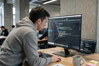 Développeur web inspectant les outils de développement d'un navigateur sur grand écran dans un bureau moderne