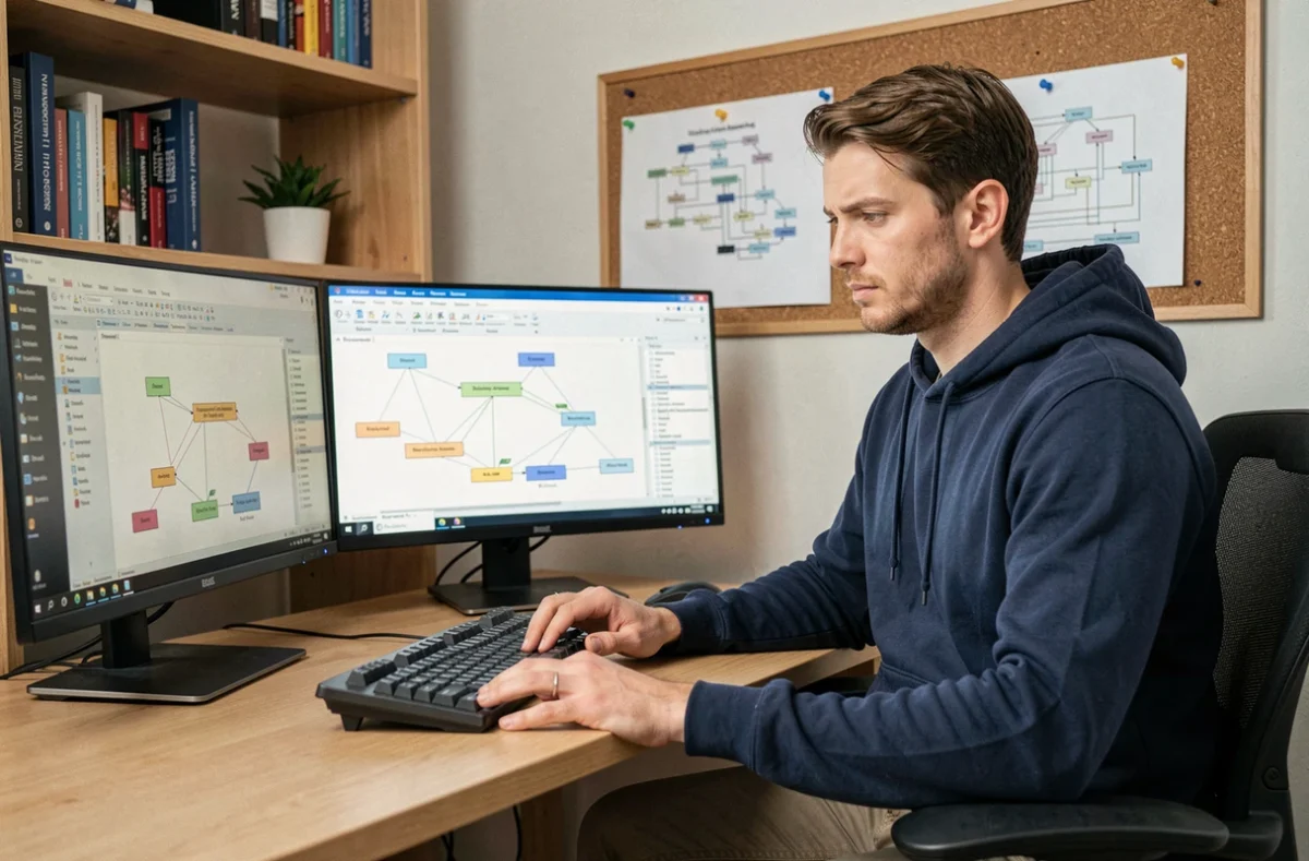 Un développeur vérifiant un diagramme MCD sur un double écran dans un bureau à domicile