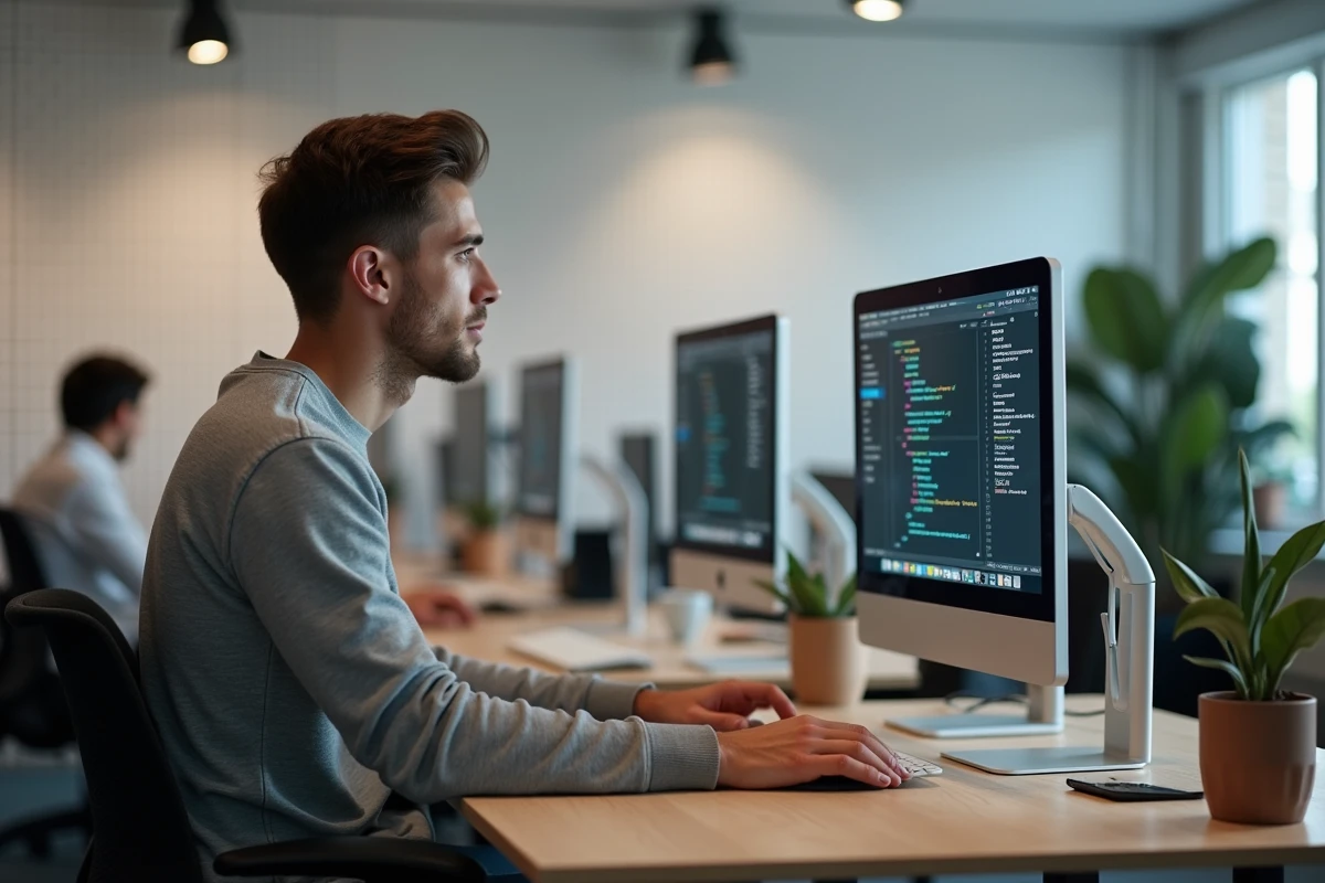 Développeur web concentré devant deux écrans affichant du code et un aperçu de site internet dans un espace de coworking moderne