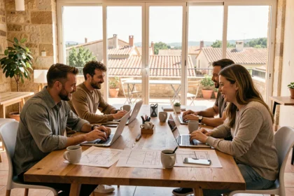 Développeurs freelance collaborant dans un espace de coworking en Provence-Alpes-Côte d'Azur avec vue sur les toits méditerranéens