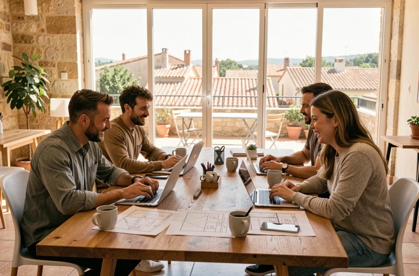 Développeurs freelance collaborant dans un espace de coworking en Provence-Alpes-Côte d'Azur avec vue sur les toits méditerranéens