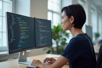 Développeuse web analysant du code CSS de positionnement absolu sur un double écran dans un bureau moderne