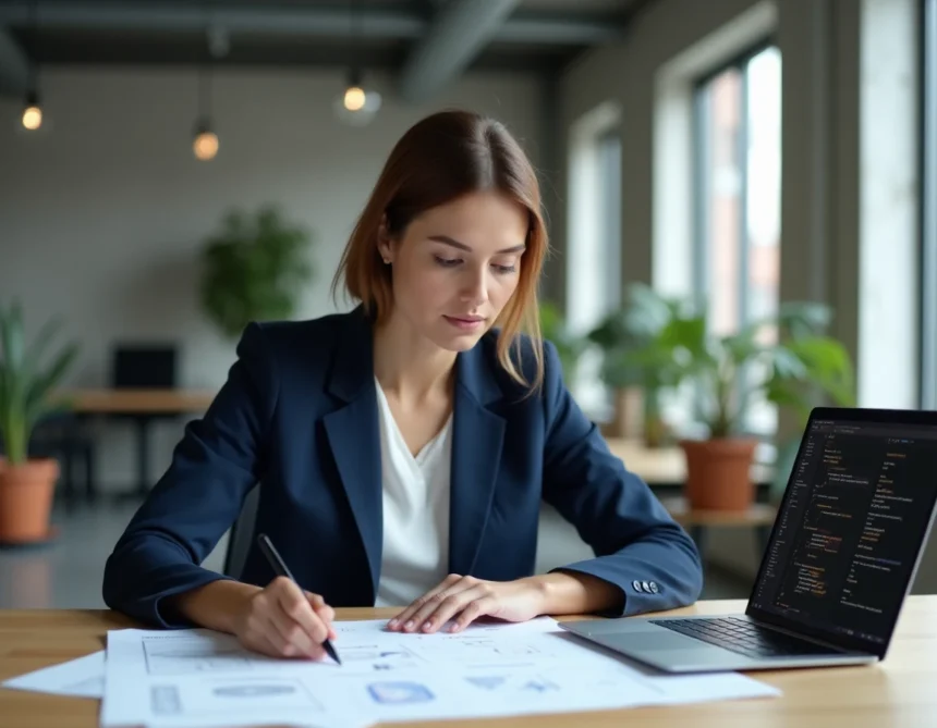 Développeuse SaaS analysant des wireframes d'application dans un bureau de startup moderne à Bucarest
