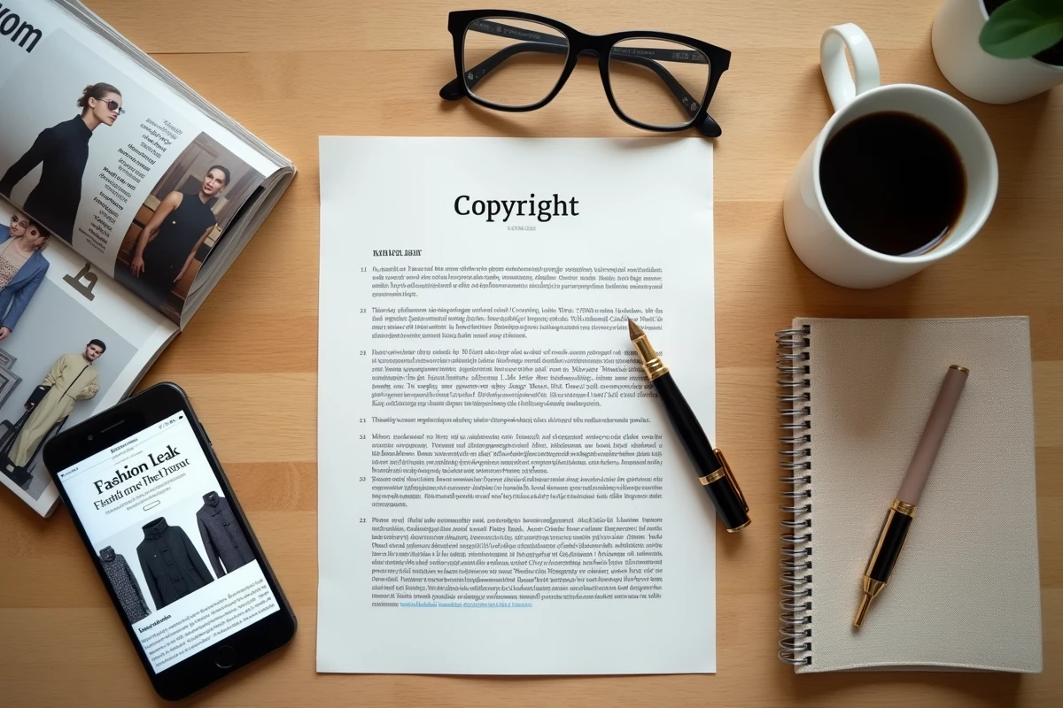 Vue aérienne d'un bureau avec documents juridiques sur les droits d'auteur et articles de mode leakés