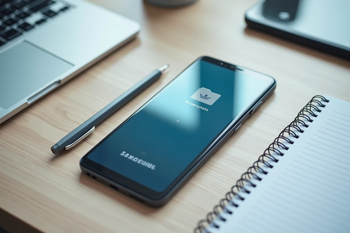 Vue aérienne d'un Samsung affichant le dossier Screenshots dans le gestionnaire de fichiers