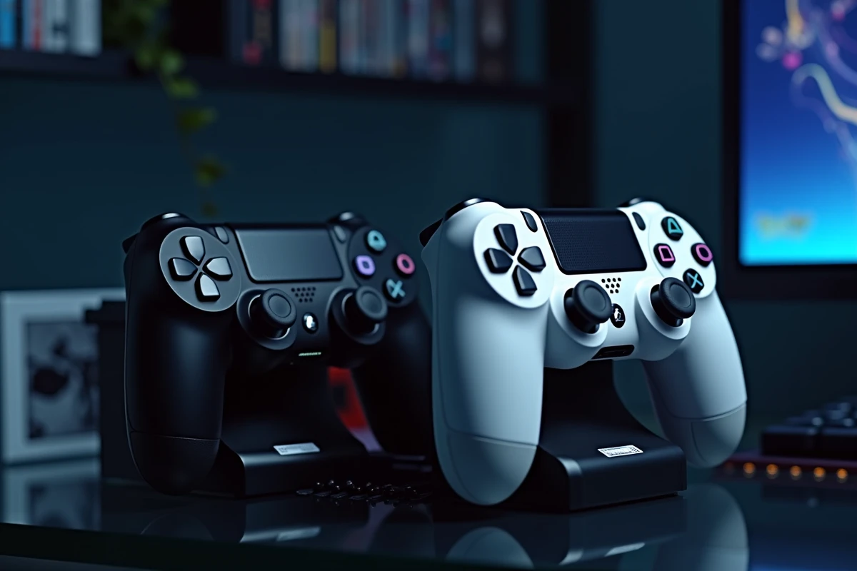 Deux manettes PS4 en charge sur un dock double avec indicateurs LED dans un espace gaming