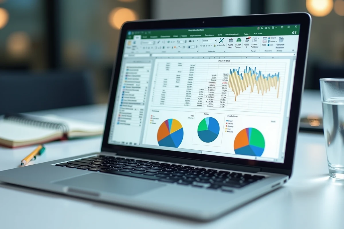 Gros plan d'un écran Excel affichant un tableau croisé dynamique et un graphique camembert avec des segments colorés