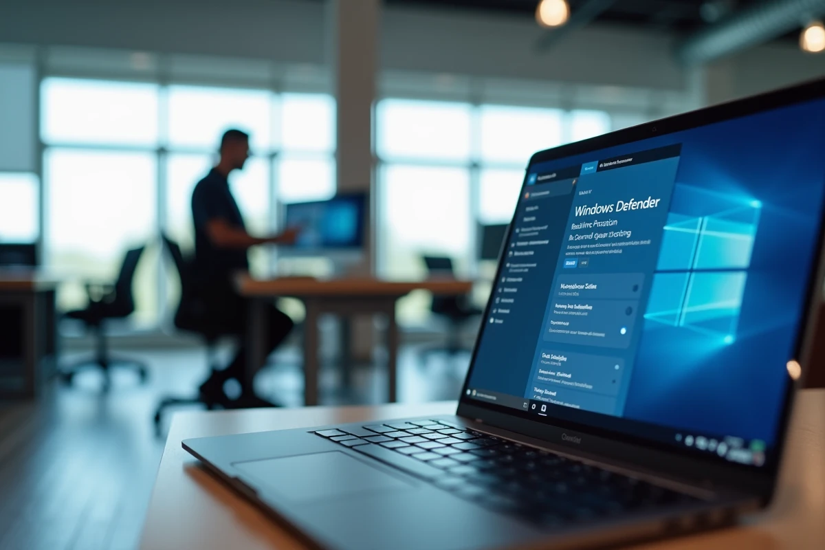 Écran d'ordinateur portable affichant les paramètres de protection en temps réel de Windows Defender dans un open space professionnel