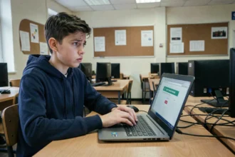 Élève frustré devant un écran d'erreur de connexion au portail Eduline dans une salle informatique de lycée
