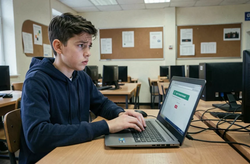 Élève frustré devant un écran d'erreur de connexion au portail Eduline dans une salle informatique de lycée