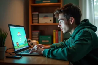 Joueur adulte utilisant un émulateur GBA sur laptop pour jouer à Pokémon Émeraude dans une chambre cosy