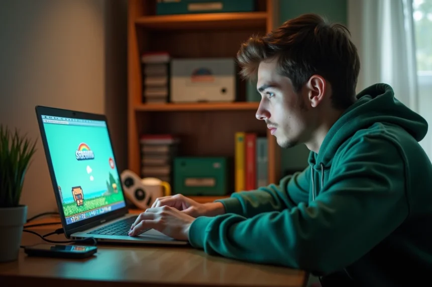 Joueur adulte utilisant un émulateur GBA sur laptop pour jouer à Pokémon Émeraude dans une chambre cosy