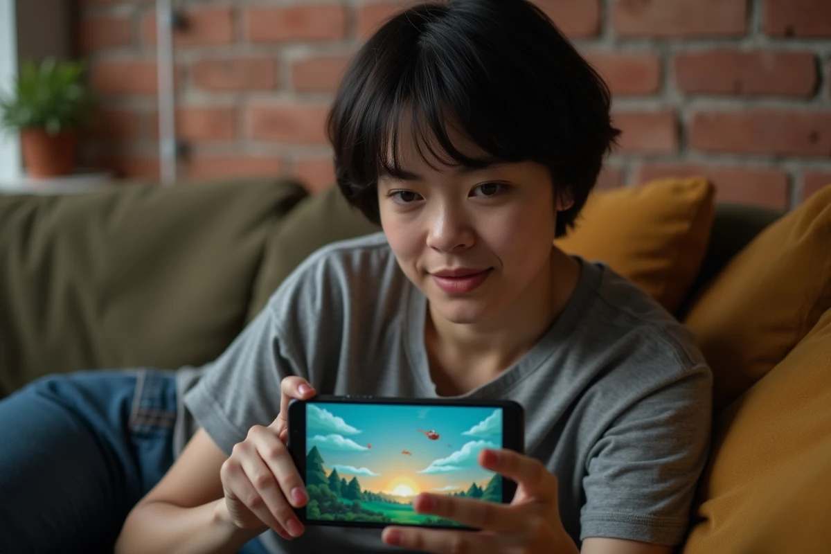 Femme jouant à un émulateur Pokémon GBA sur smartphone allongée dans un salon moderne