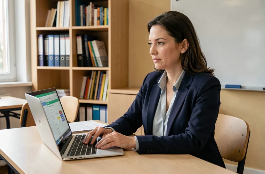 Enseignante utilisant un logiciel de gestion scolaire Convergence sur son ordinateur portable dans une salle des professeurs à Grenoble