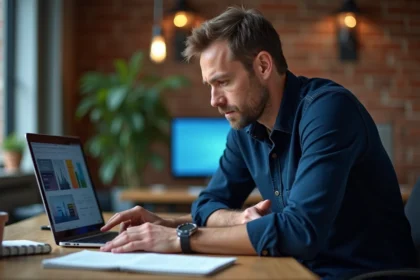 Entrepreneur masculin travaillant sur la création de site internet avec une agence web, pointant un écran d'ordinateur portable affichant un design moderne