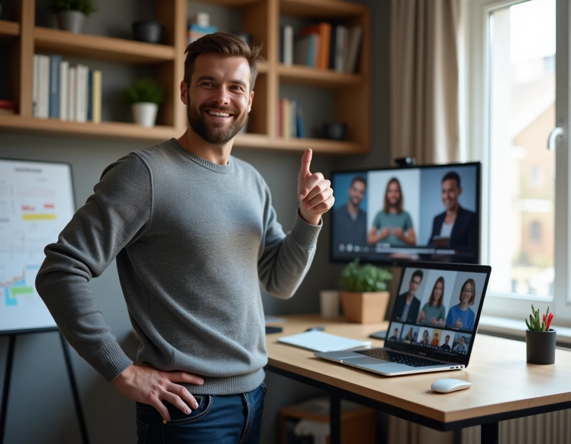 Entrepreneur présentant le lancement d'une solution SaaS en démo vidéo depuis son bureau à domicile