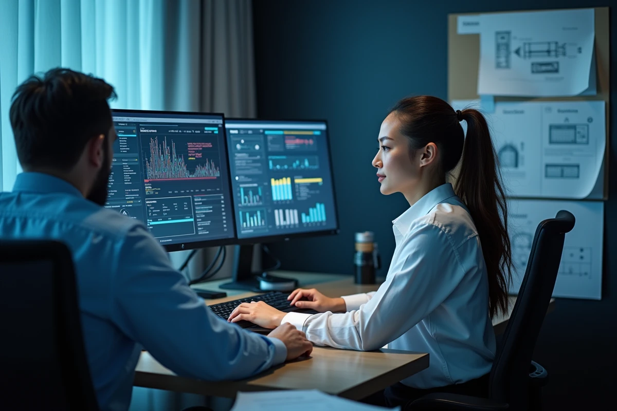 Équipe technique hôtelière analysant l'infrastructure réseau connectée dans une salle d'opérations