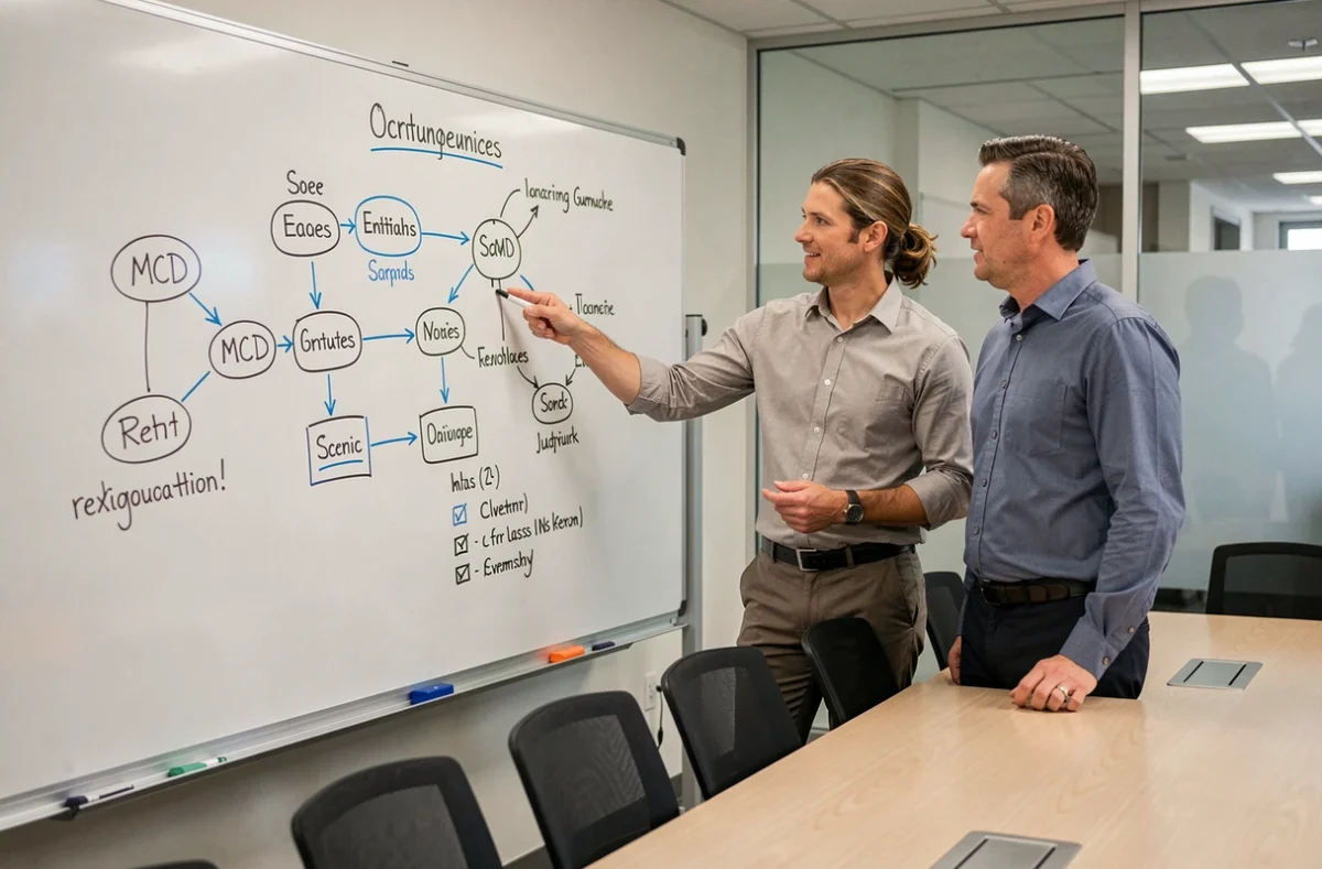 Deux professionnels en réunion analysant et validant un diagramme MCD dessiné sur un tableau blanc