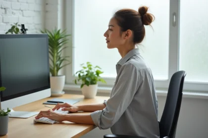 Femme ajustant la hauteur d'un écran 24 pouces sur un bureau ergonomique pour réduire la fatigue oculaire