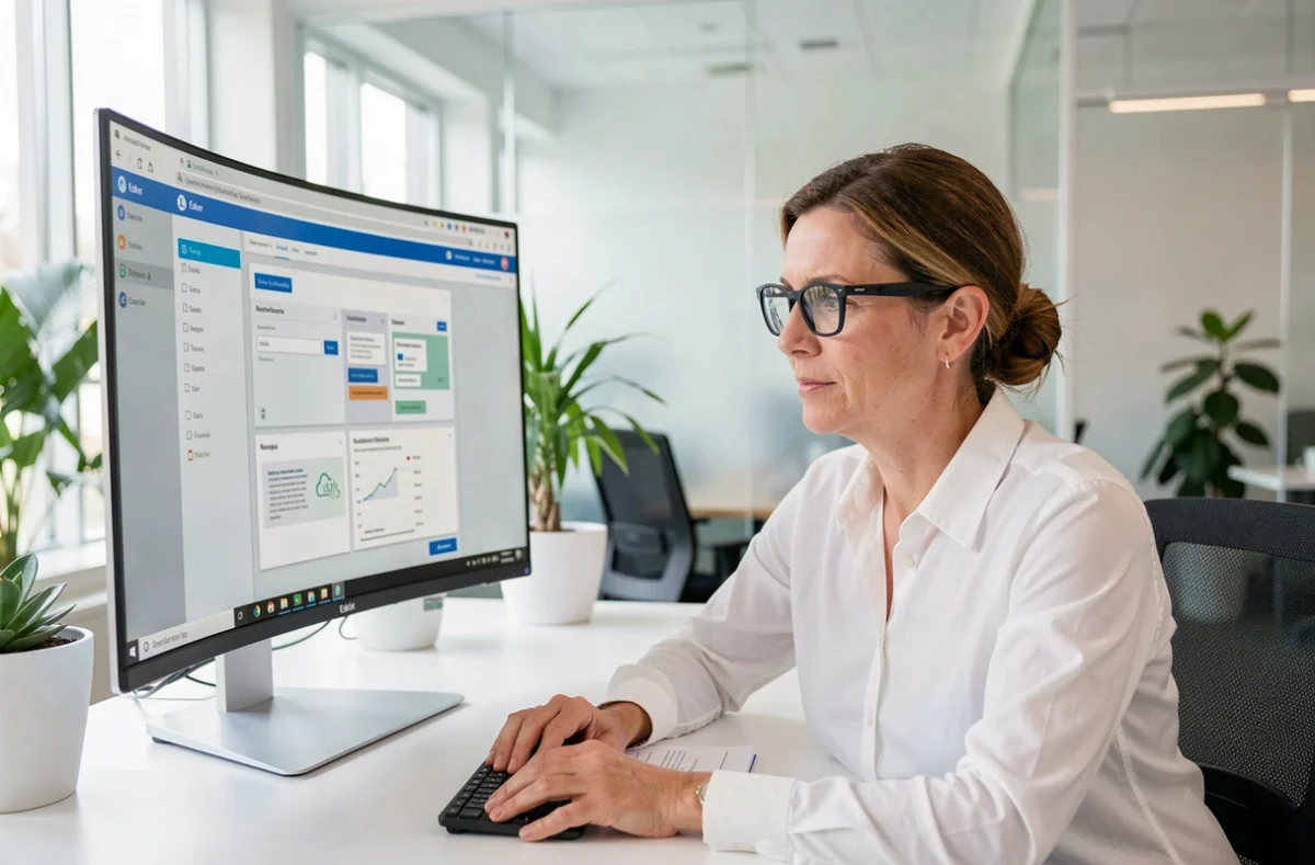 Employée d'Esker analysant des flux de traitement documentaire automatisé sur un écran d'interface cloud dans un bureau lyonnais