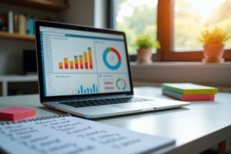 Espace de travail d'un marketeur digital avec ordinateur et notes