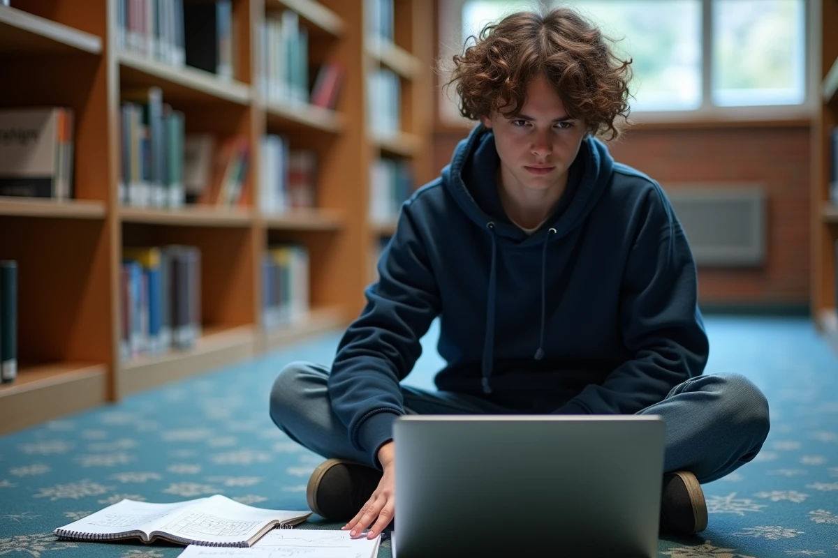 Étudiant en bibliothèque révisant les raccourcis clavier flèches avec un carnet de schémas fait main et un ordinateur portable