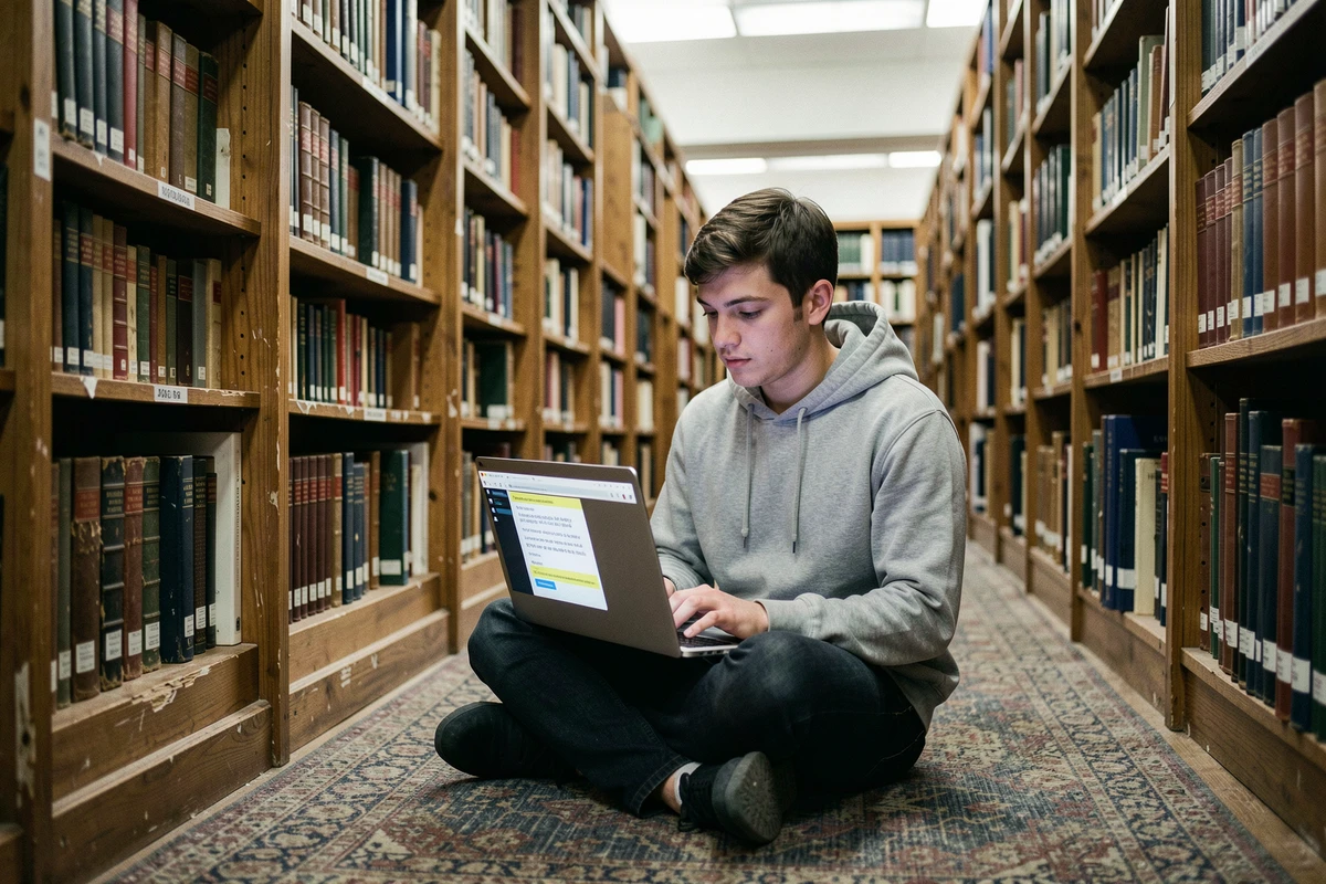 Étudiant assis dans une bibliothèque universitaire utilisant un outil de correction orthographique sur son laptop