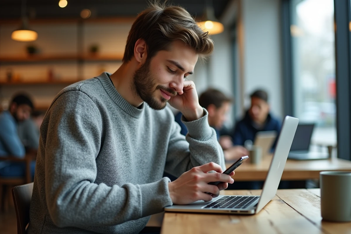 Etudiant universitaire utilisant son téléphone dans un café