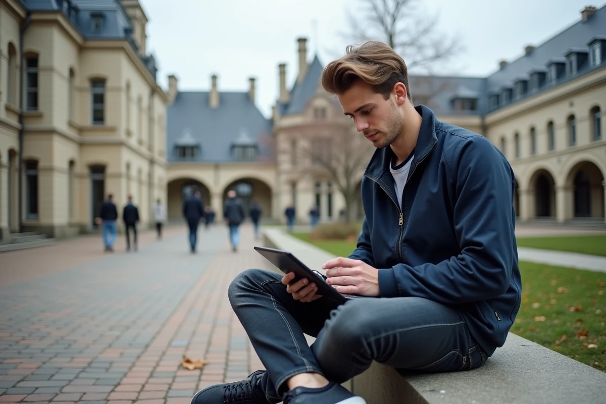 Étudiant consultant ses emails universitaires sur tablette dans la cour d'un campus universitaire en automne à Caen
