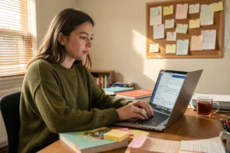 Étudiante utilisant une extension de correction grammaticale sur son ordinateur portable dans sa chambre universitaire