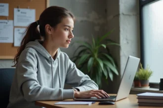 Étudiante utilisant une messagerie universitaire Zimbra sur son ordinateur portable dans une chambre de résidence universitaire à Caen