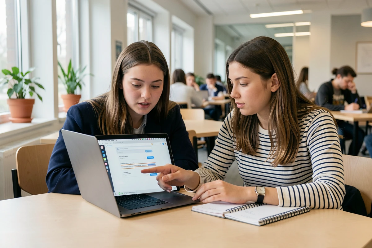 Deux étudiantes collaborant sur un devoir en utilisant LanguageTool pour corriger leur texte dans un espace de travail universitaire