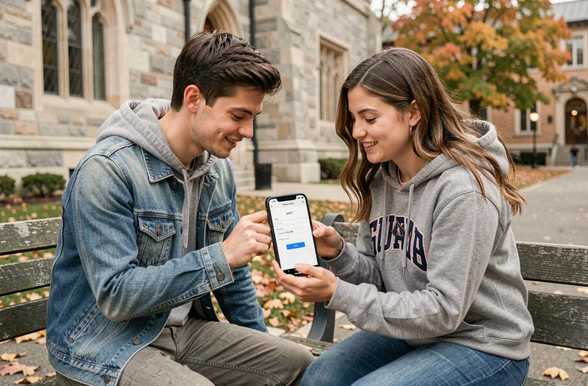 Deux étudiants consultant la configuration IMAP du webmail académique de Bordeaux sur smartphone en extérieur