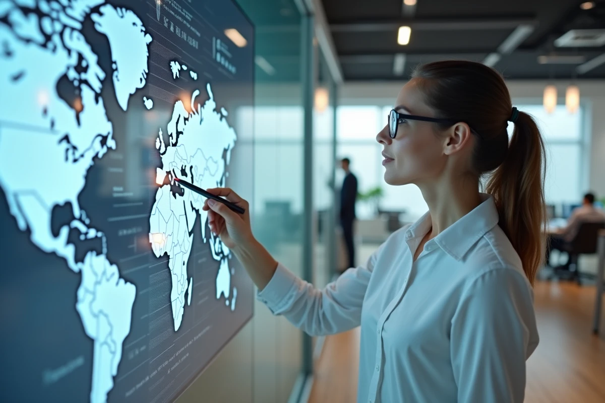 Experte en sécurité informatique présentant une carte mondiale des activités suspectes de domaines dans un bureau moderne