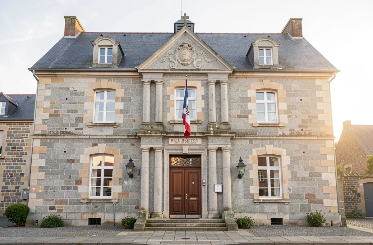 Façade en granit d'une mairie bretonne, siège des démarches d'aide