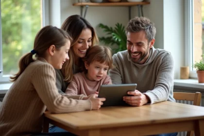 Famille française autour d'une tablette pour réserver un voyage