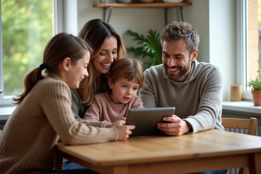 Famille française autour d'une tablette pour réserver un voyage