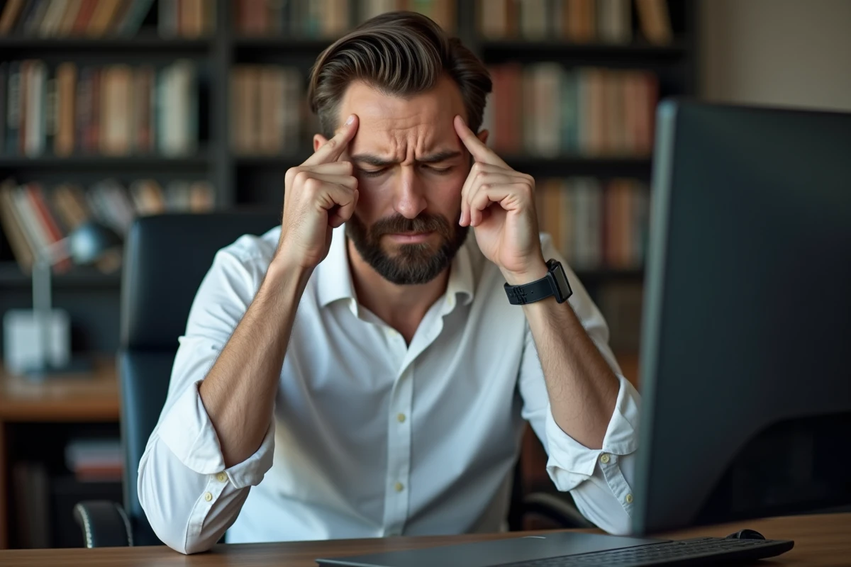 Homme souffrant de fatigue oculaire et de migraine devant un écran d'ordinateur 24 pouces mal réglé