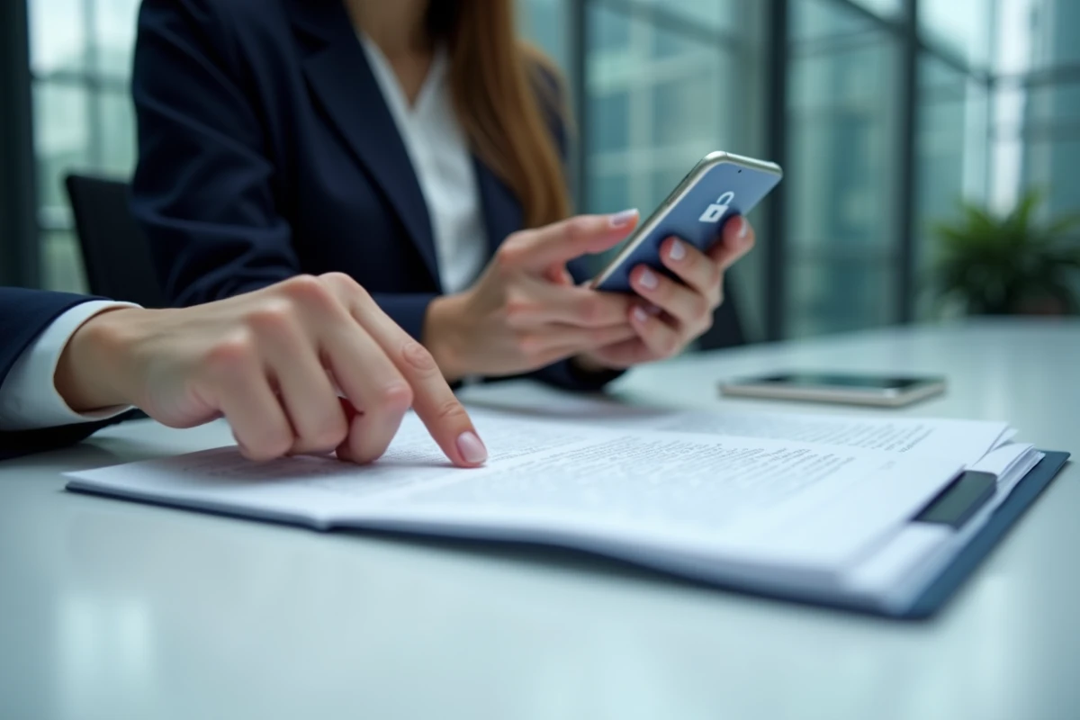 Femme d'affaires examinant les petits caractères d'un contrat de téléphone PGP, mettant en évidence les fausses promesses et clauses trompeuses