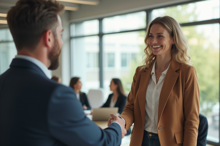 Femme d'affaires souriante serrant la main d'un client dans un bureau lumineux