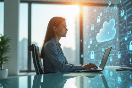 Femme d'affaires confiante au bureau avec icônes cloud et cadenas