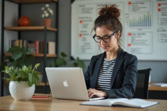 Jeune femme professionnelle analysant des métriques SEO dans son bureau